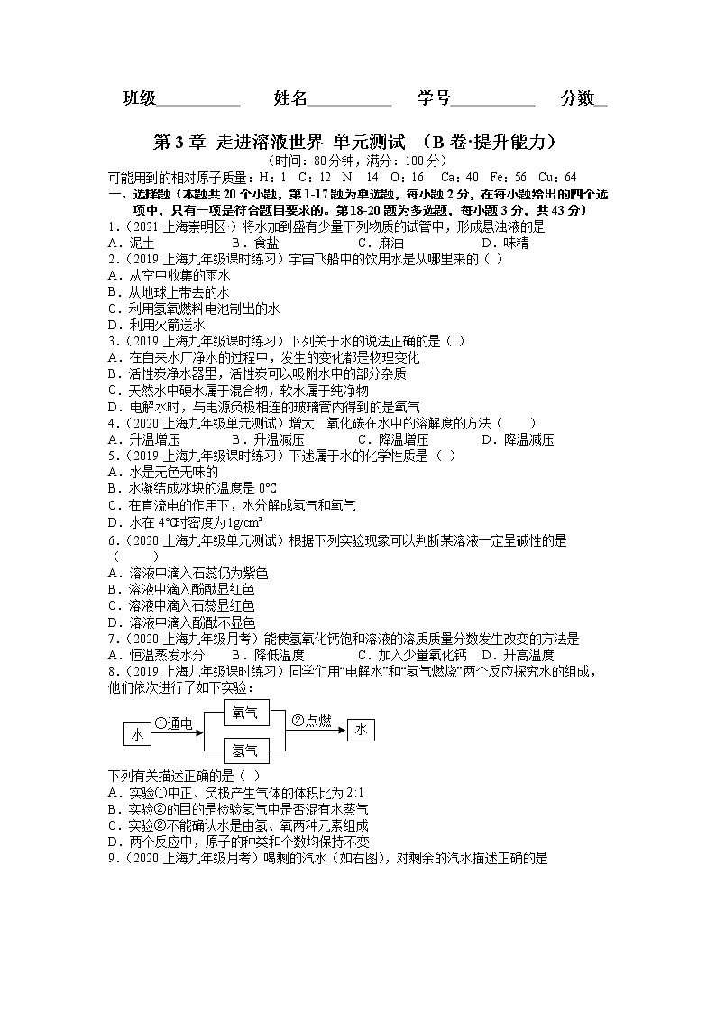 上海沪教版化学九年级上学期 第3章 走进溶液世界 单元测试（B卷·提升能力） (原卷+解析卷)01