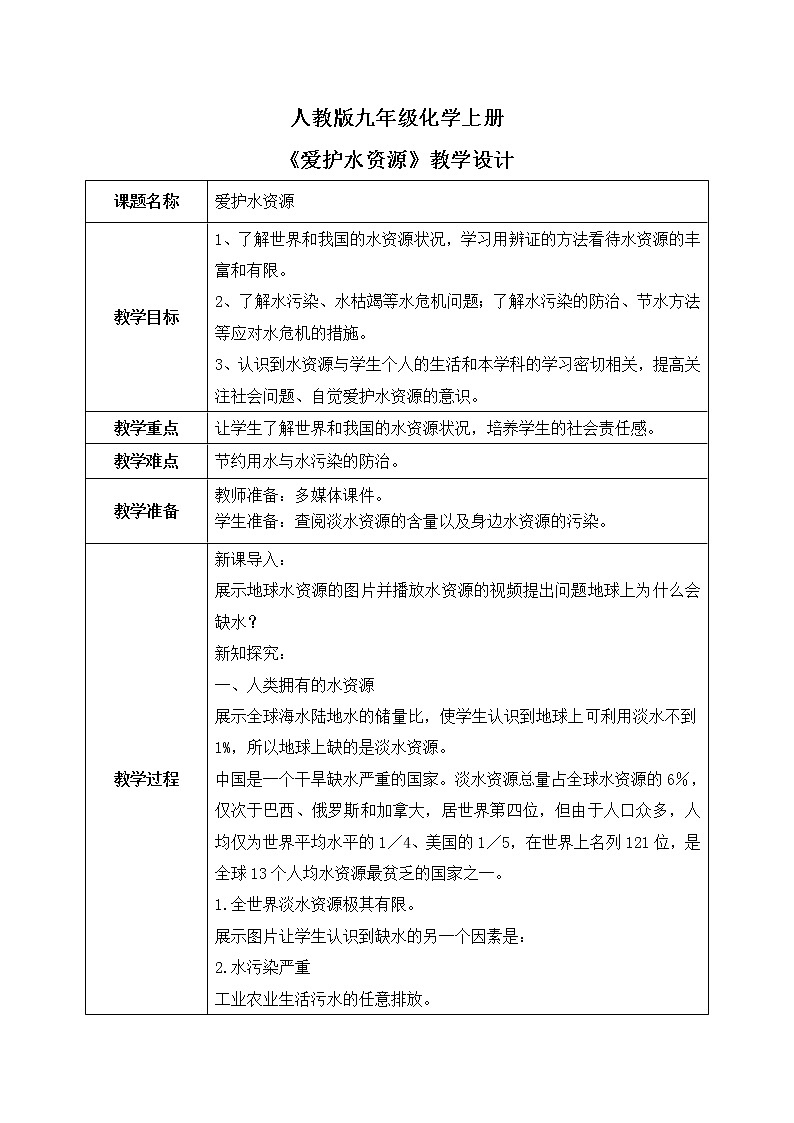 课题1《爱护水资源》课件PPT+教学设计+同步练习01