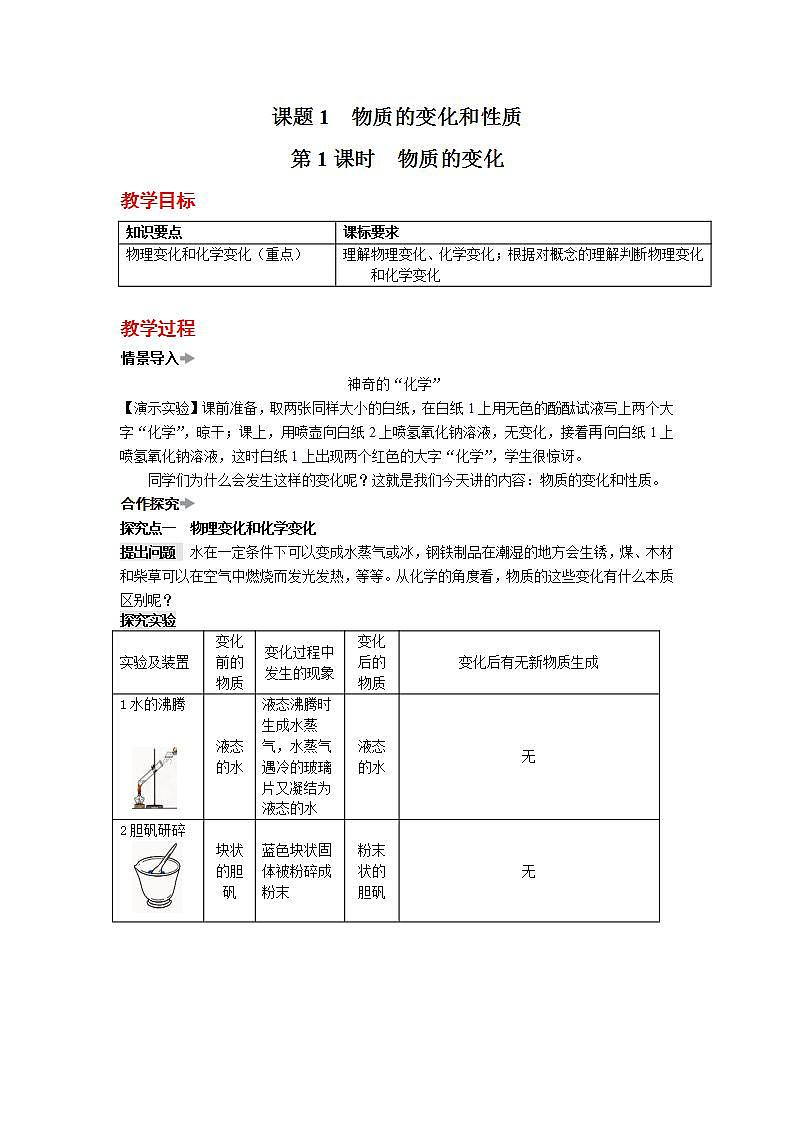 人教版初中化学九年级上册  第一单元  课题1 物质的变化和性质教案01
