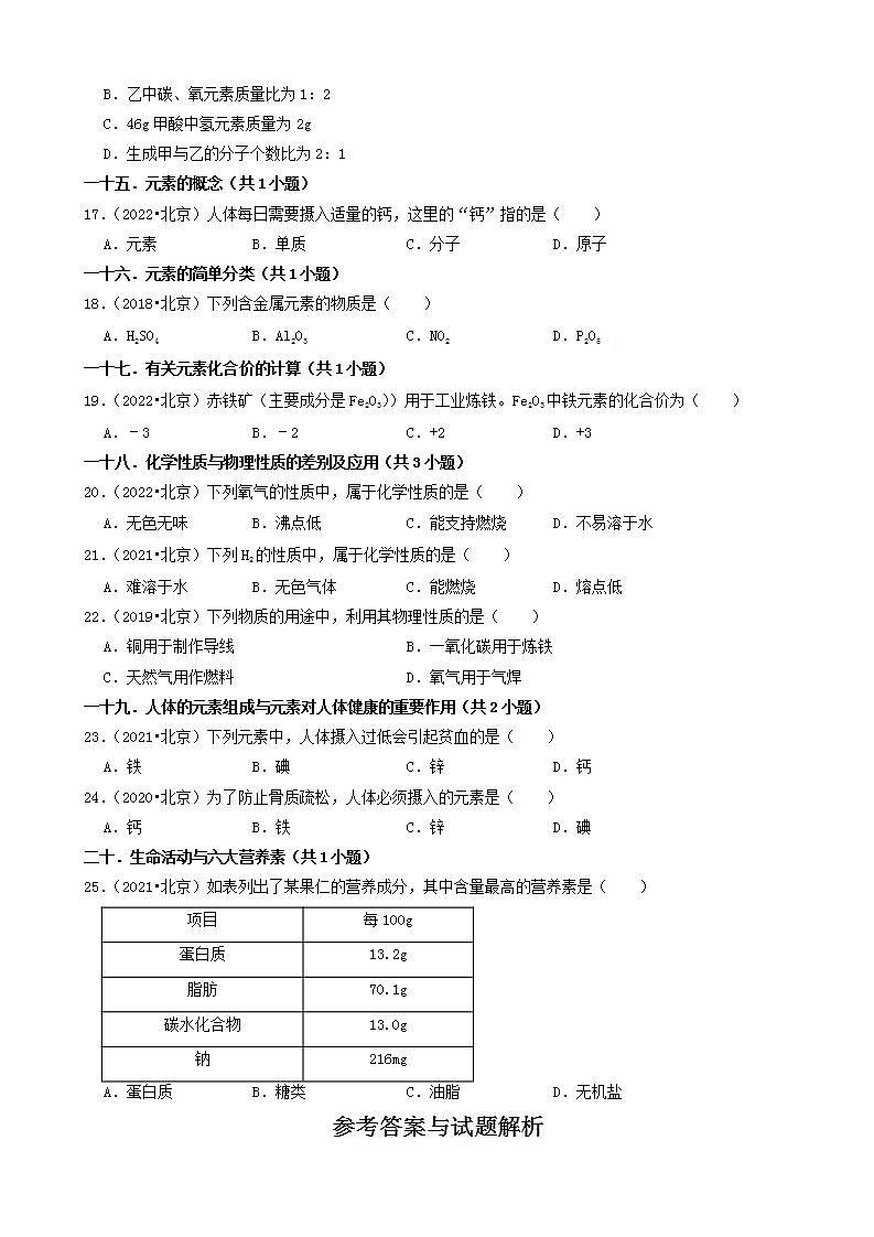 北京市五年（2018-2022）中考化学真题分题型分层汇编-01选择题（基础题）03