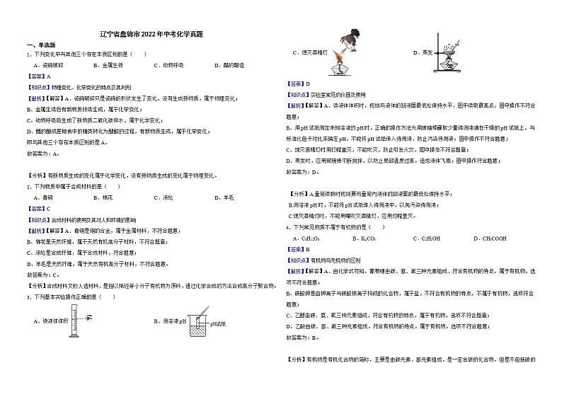 辽宁省盘锦市2022年中考化学真题解析版01