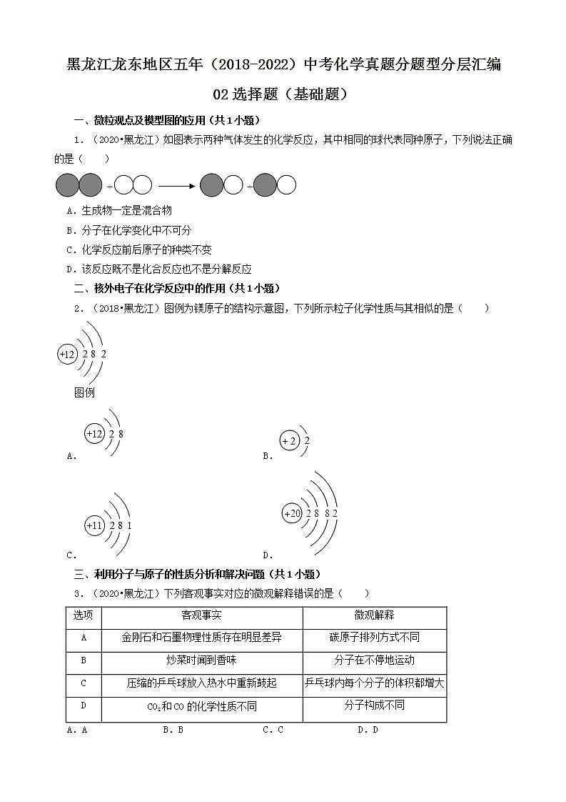 黑龙江龙东地区五年（2018-2022）中考化学真题分题型分层汇编-02选择题（基础题）01