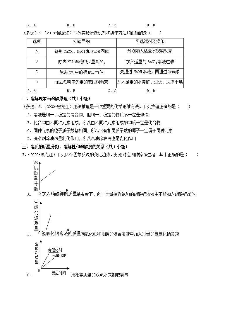 黑龙江龙东地区五年（2018-2022）中考化学真题分题型分层汇编-05选择题（中档题）02