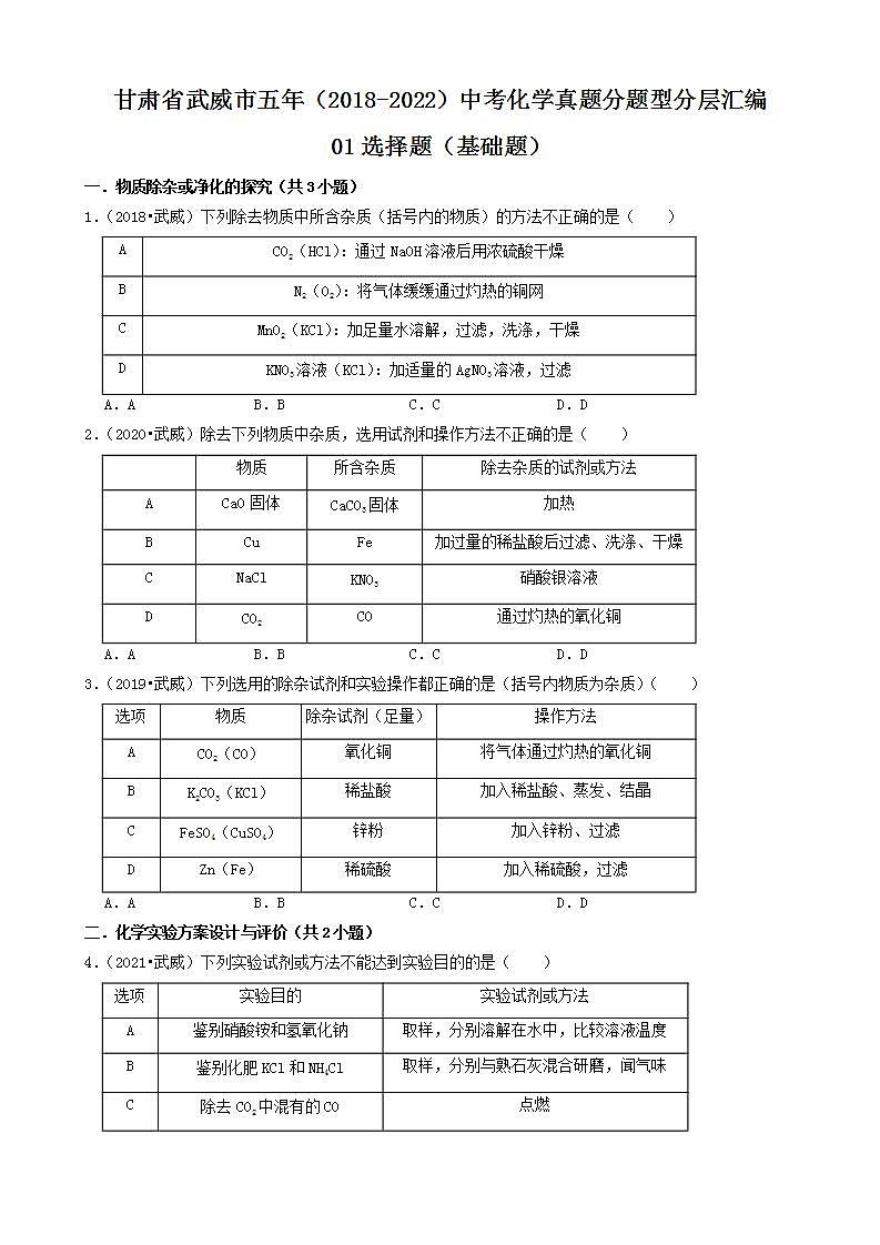 甘肃省武威市五年（2018-2022）中考化学真题分题型分层汇编-01选择题（基础题）第1页