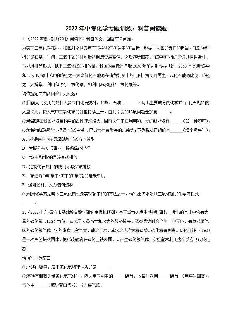 2022年中考化学专题训练：科普阅读题01