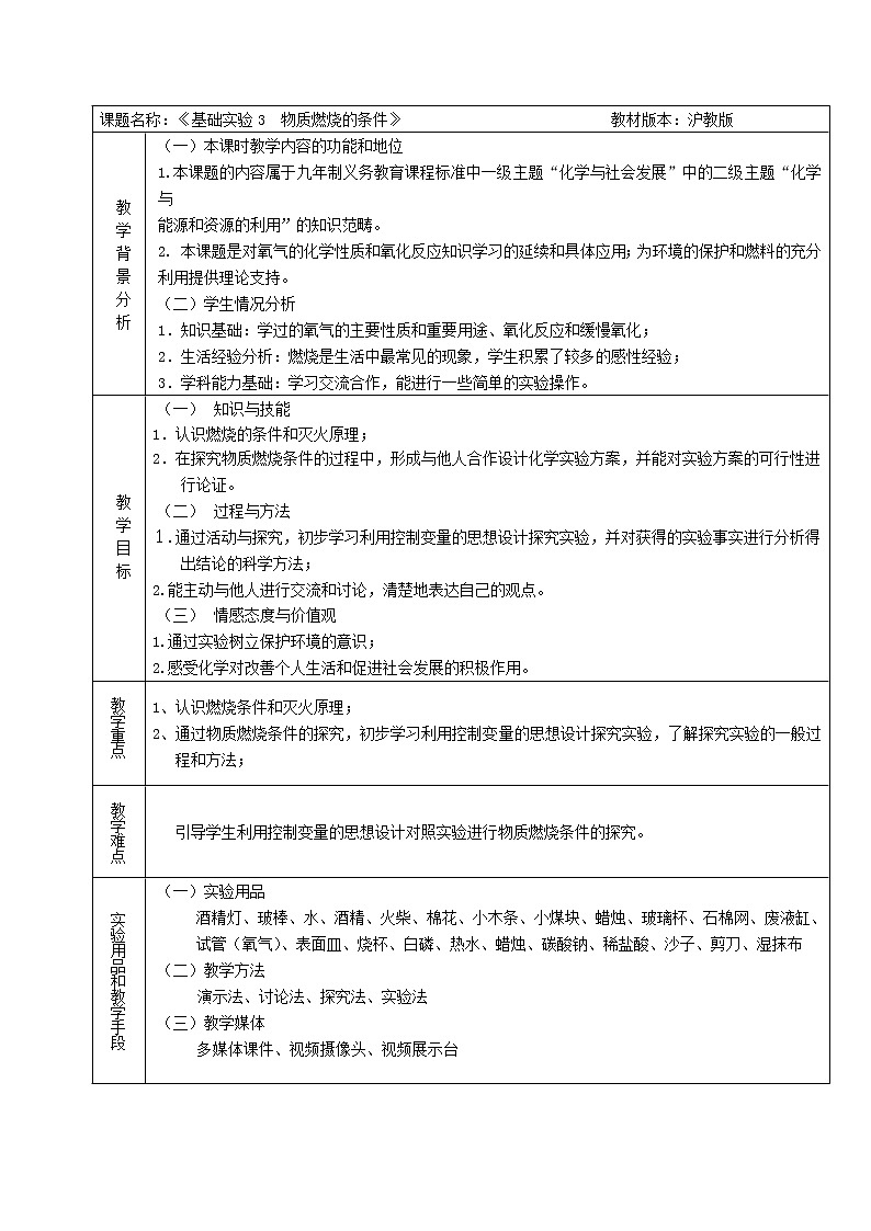 沪教版九上化学 4.4基础实验3 物质燃烧的条件  教案01