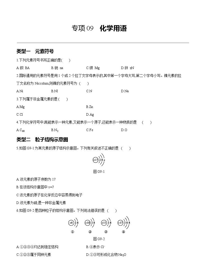 2022年中考化学专项复习：09化学用语（含答案）第1页
