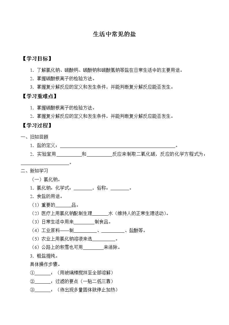 人教版（五四学制）九年级化学全一册册：4.1 生活中常见的盐  学案（无答案）01