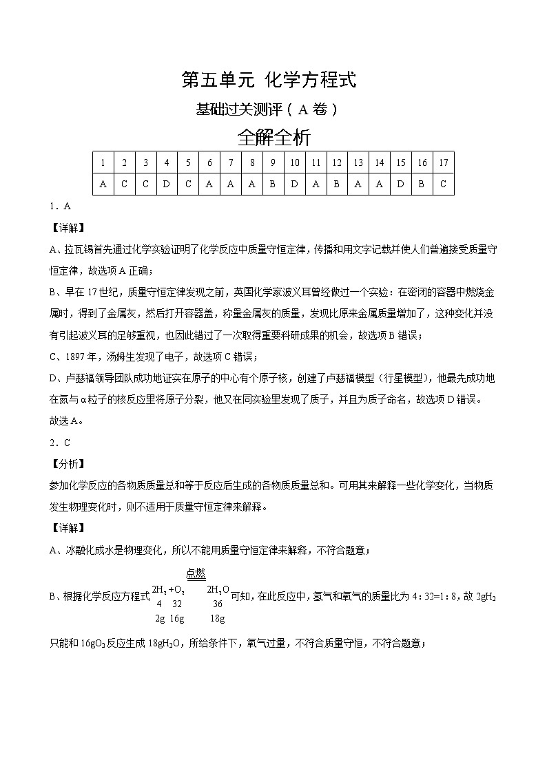 第五单元 化学方程式（A卷） -2021-2022学年九年级化学上册全程提优测评卷（人教版）（全解全析）第1页