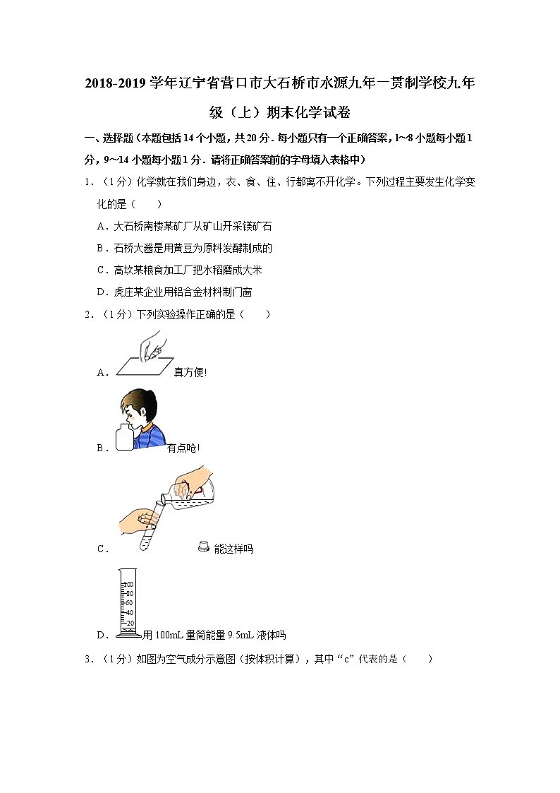 初中化学九上2018-2019学年辽宁省营口市大石桥市九年级（上）期末化学试卷（解析版）第1页