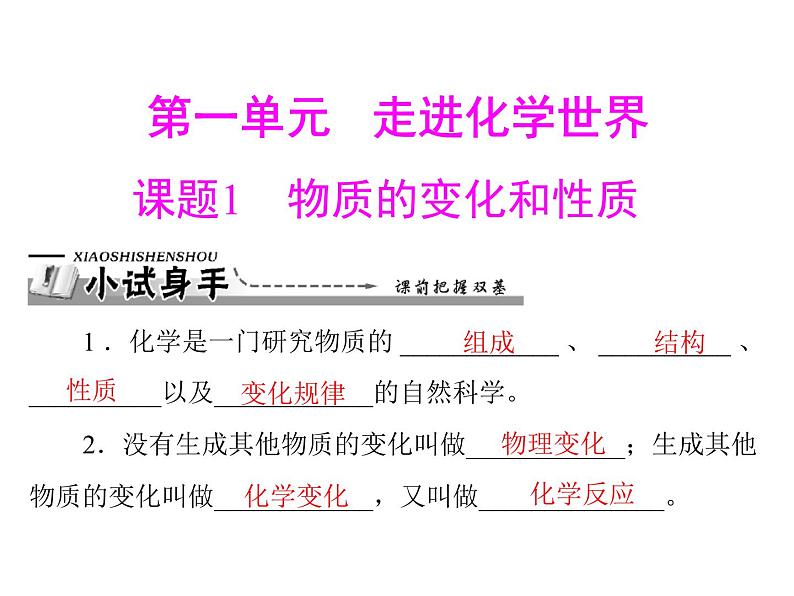 初中化学九上第一单元 课题1 物质的变化和性质每课习题课件01