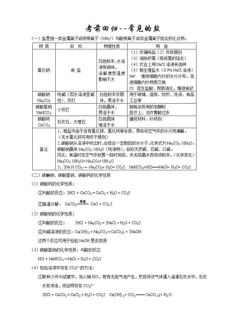 初中化学九上考前回归--常见的盐知识梳理第1页