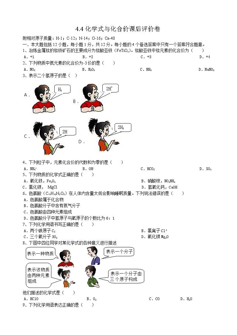 4.4化学式与化合价课后评价卷-2022_2023学年九年级化学人教版上册(含答案)第1页
