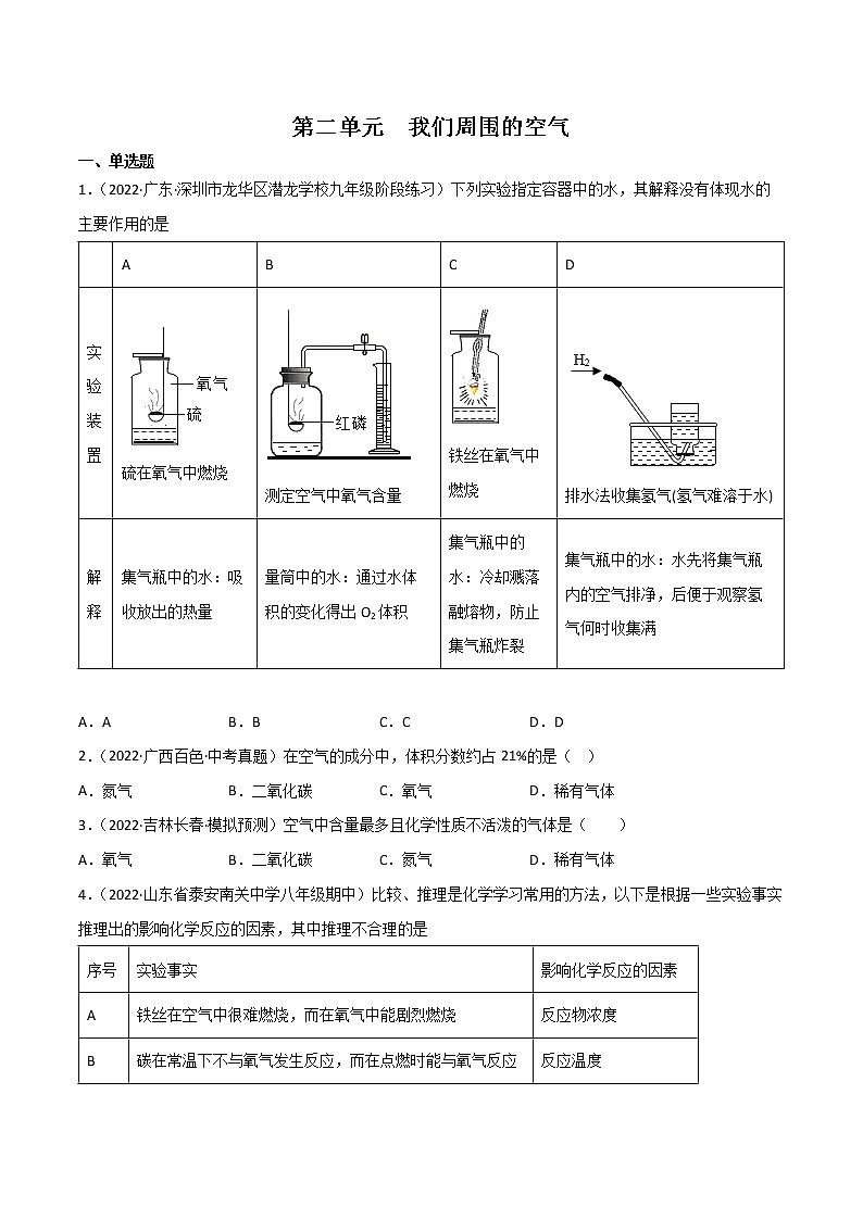 第二单元  我们周围的空气（练习）- 2022-2023学年九年级化学上册同步精品备课系列（人教版）（原卷版）第1页