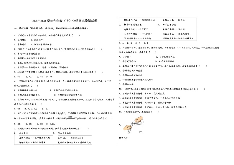 2022-2023学年安徽省郎溪县九年级（上）化学期末模拟题第1页