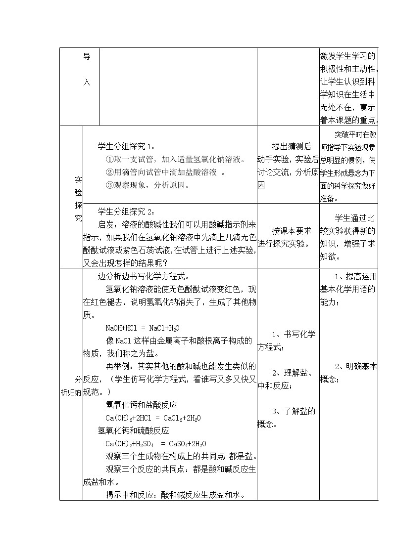 初中化学人教版九年级下册第十单元 酸和碱《酸和碱之间会发生什么反应》整体教学设计第3页