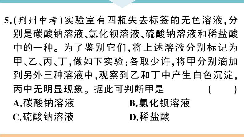 初三人教版九年级化学下册安徽习题讲评课件同步练习4十一单元盐化肥8专题四物质的检验与鉴别分离与提纯第7页