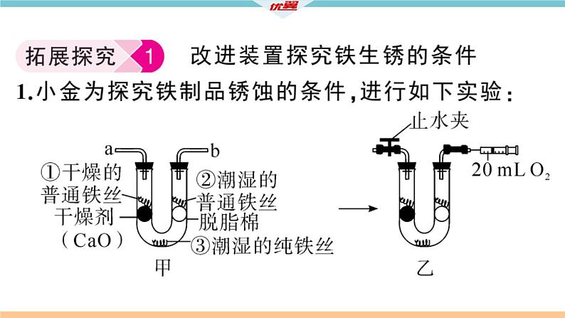 初三人教版九年级化学下册安徽习题讲评课件同步练习1八单元金属和金属材料9实验突破二金属锈蚀条件的探究04