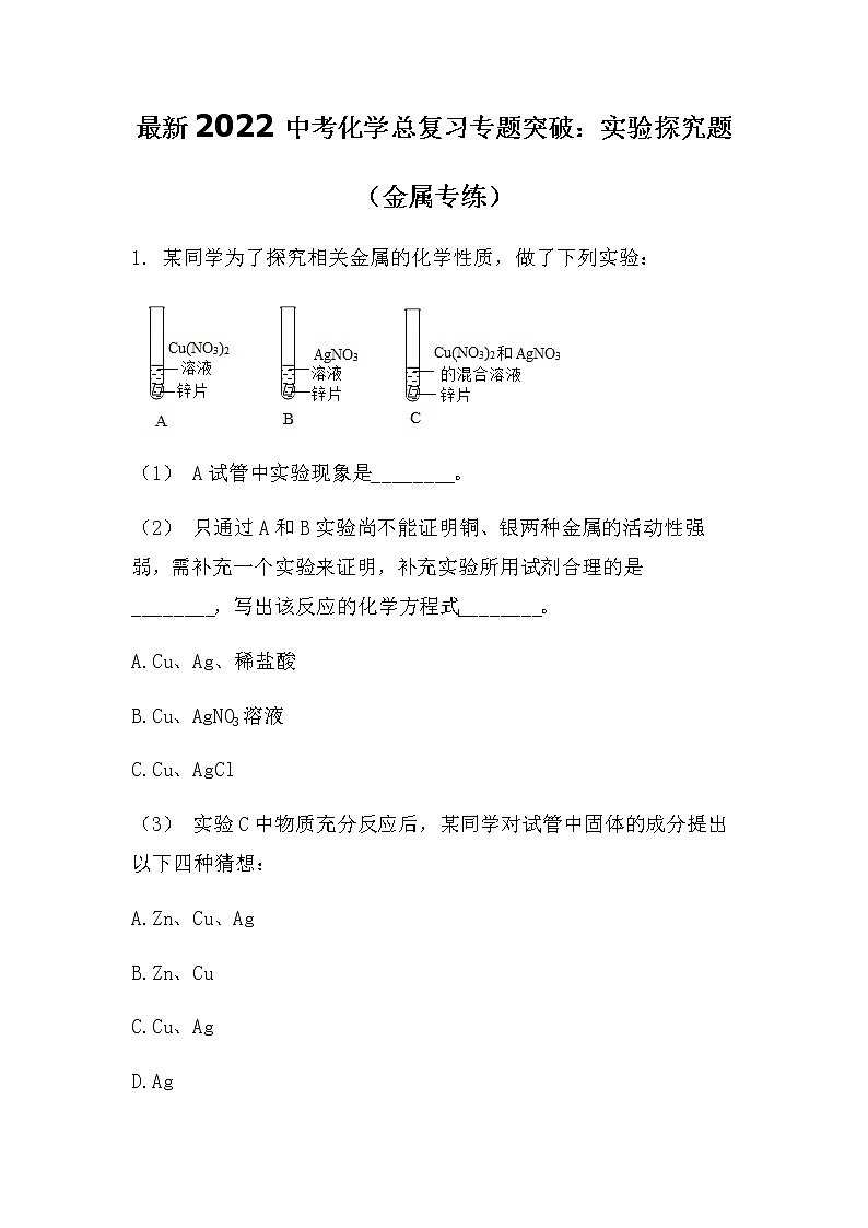 最新2022中考化学总复习专题突破：实验探究题（金属专练）（无答案）第1页