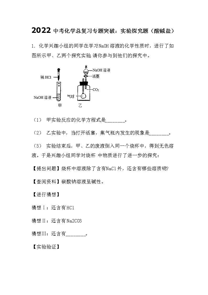 2022中考化学总复习专题突破：实验探究题（酸碱盐）（无答案）第1页