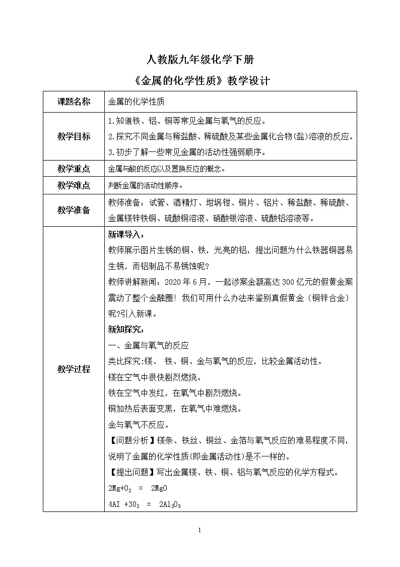 课题2《金属的化学性质》课件PPT+教学设计+同步练习01