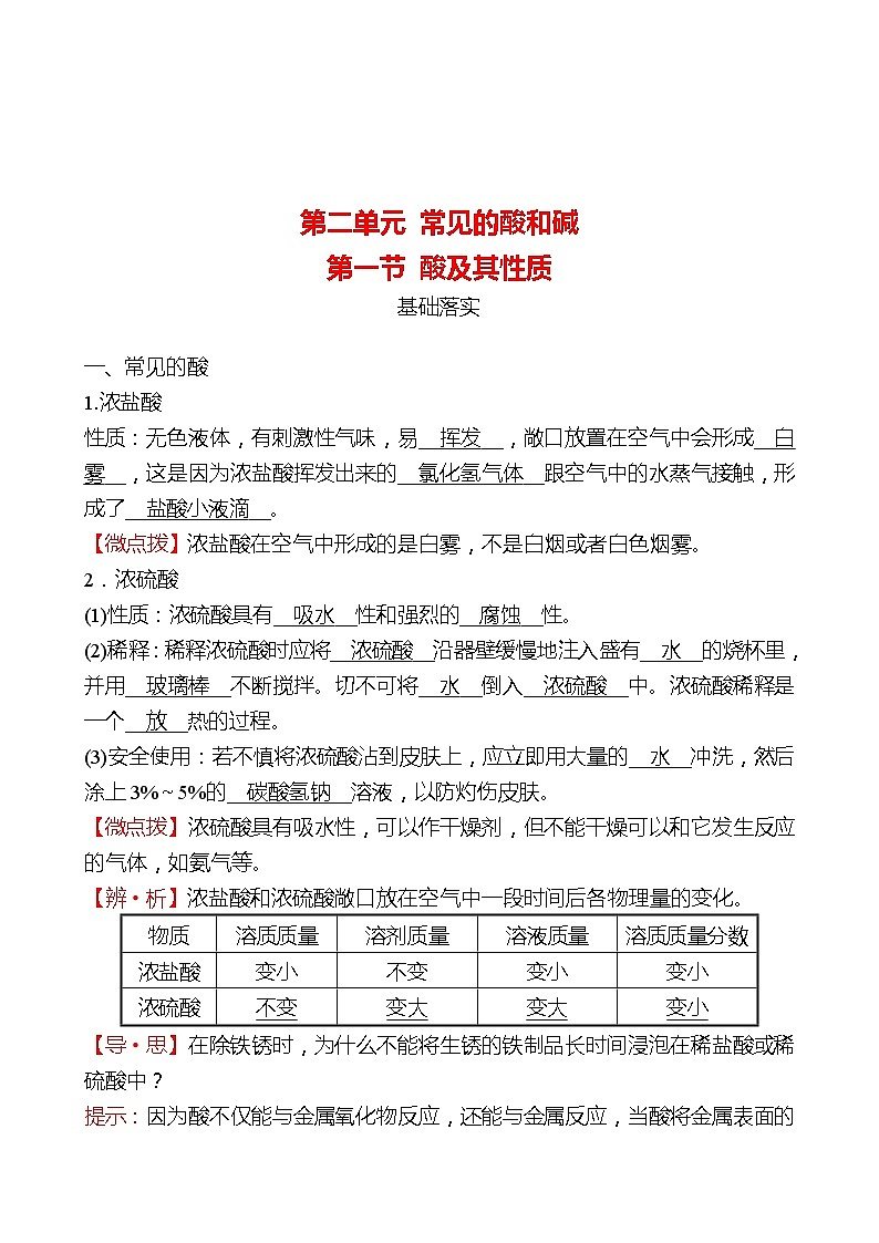 第二单元  第一节　酸及其性质 同步练习2021-2022 鲁教版 化学九年级 全一册01