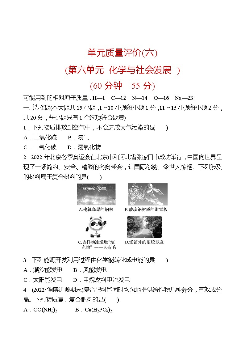 单元质量评价(六)(第六单元 化学与社会发展 ) 同步练习2021-2022 鲁教版 化学九年级 全一册01