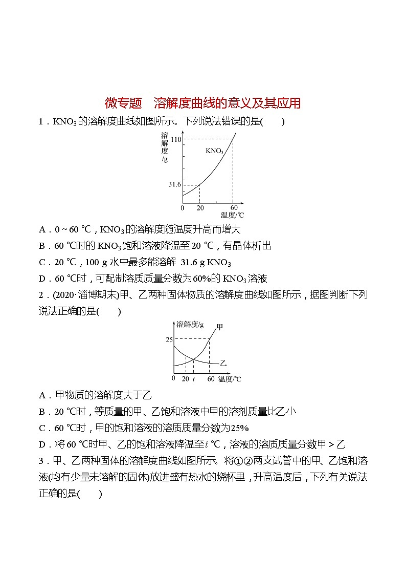 微专题　溶解度曲线的意义及其应用 同步练习2021-2022 鲁教版 化学九年级 全一册01