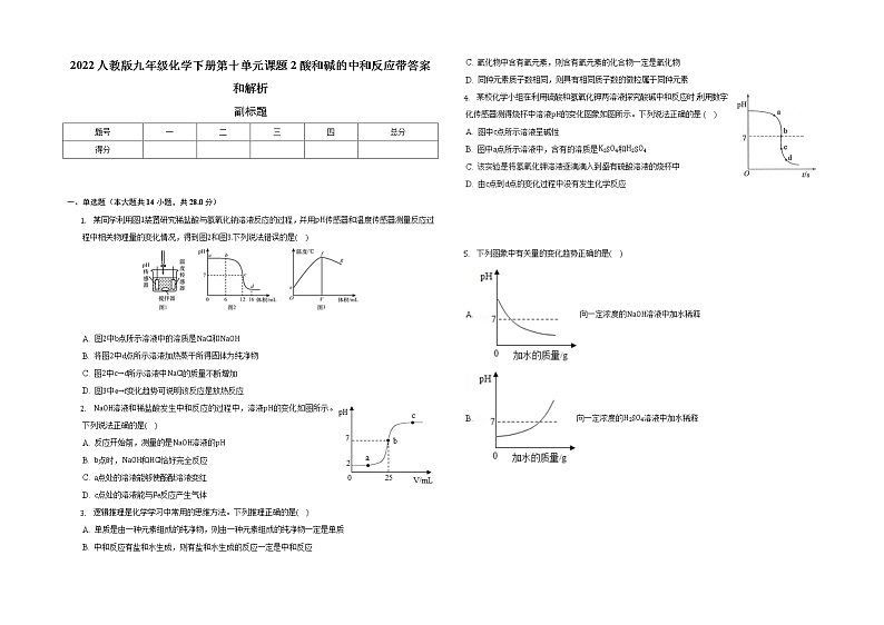 2022人教版九年级化学下册第十单元课题2酸和碱的中和反应带答案和解析01