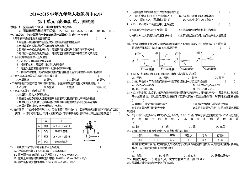 九年级下册人教版初三化学第十单元 酸和碱 单元测试题及答案第1页