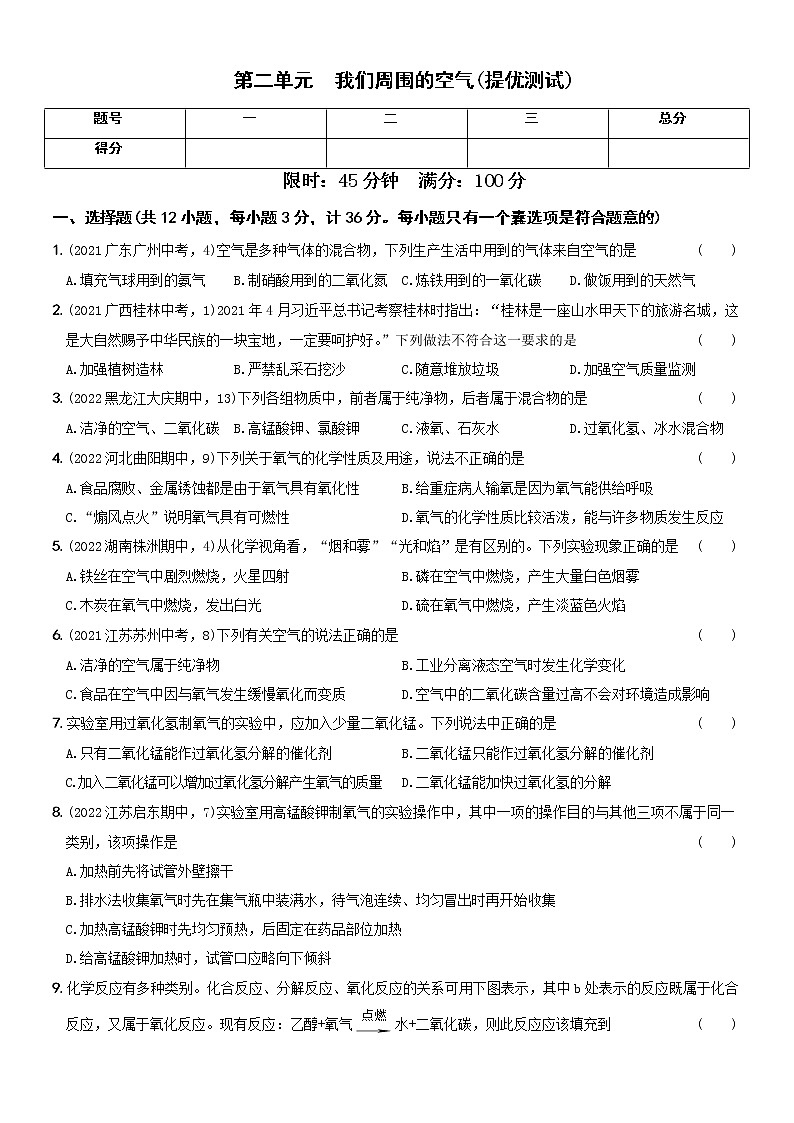 〖卷03】第二单元 提优测试（无答案）九年级化学上册考前集训（人教版）第1页