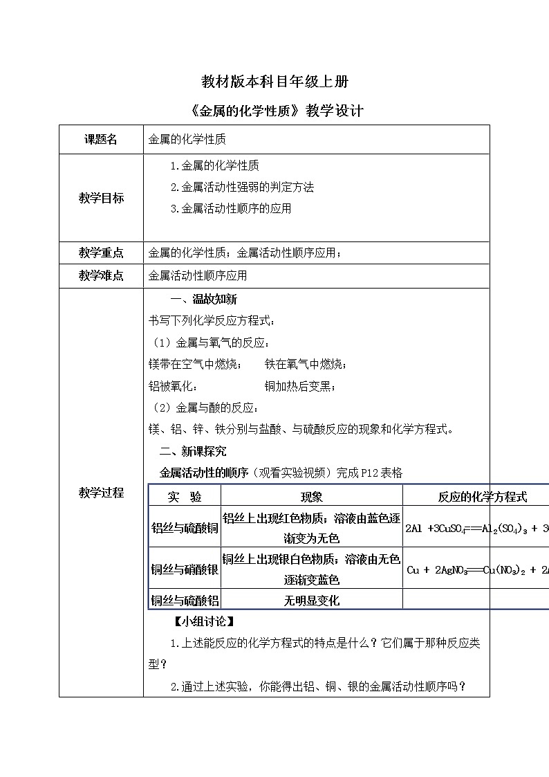 课题2金属的化学性质第二课时教案+课件01
