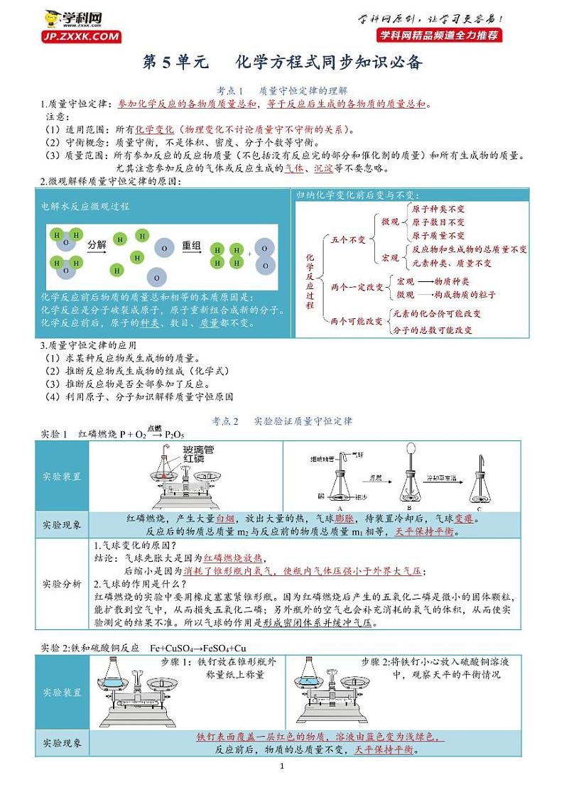 第5单元 质量守恒定律-【知识清单】2022-2023学年九年级化学同步必备单元知识清单（人教版）第1页