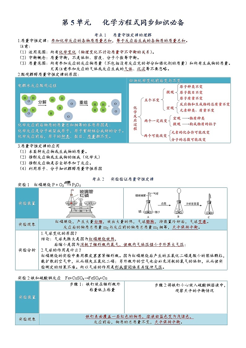 第5单元 质量守恒定律-【知识清单】2022-2023学年九年级化学同步必备单元知识清单（人教版）第1页