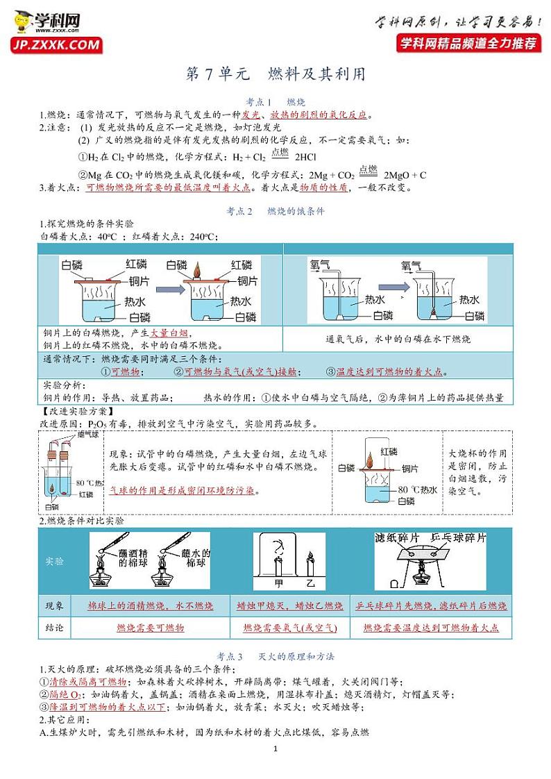 【必背知识清单】人教版化学九年级全册 第7单元 燃料及其利用  同步必背单元知识01