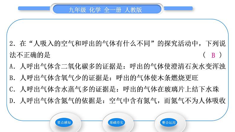 人教版九年级化学第一单元走进化学世界课题2　化学是一门以实验为基础的科学第2课时　对人体吸入的空气和呼出的气体的探究习题课件第5页