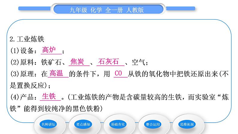 人教版九年级化学第八单元金属和金属材料课题3金属资源的利用和保护第1课时铁的冶炼习题课件第7页