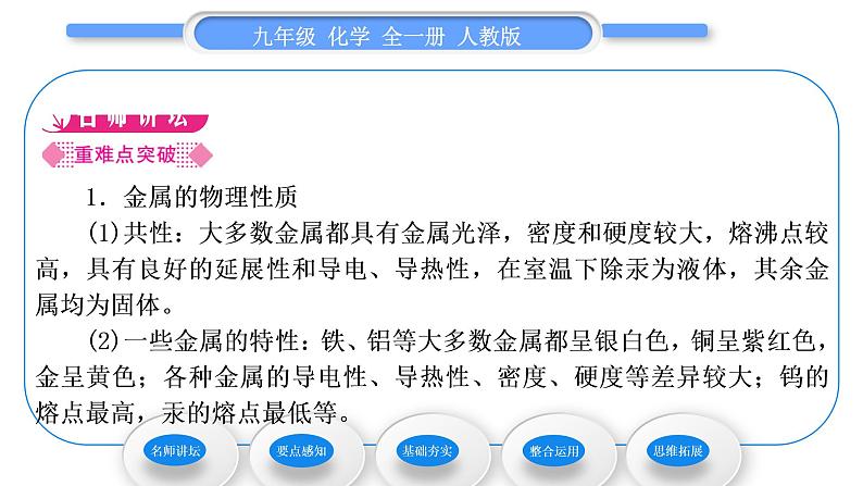 人教版九年级化学第八单元金属和金属材料实验活动4金属的物理性质和某些化学性质习题课件02