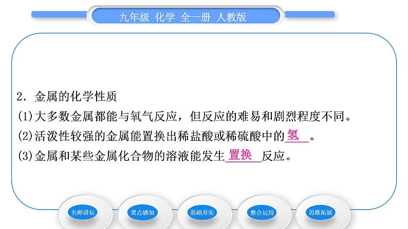 人教版九年级化学第八单元金属和金属材料实验活动4金属的物理性质和某些化学性质习题课件07