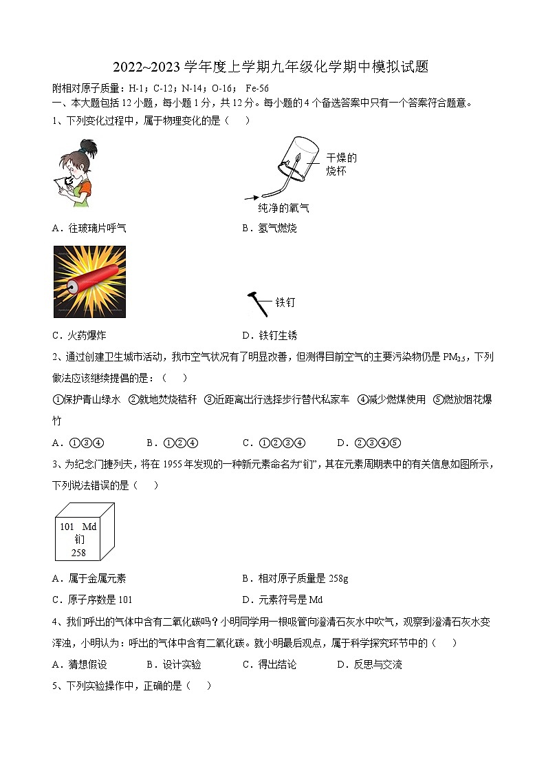 安徽省合肥市巢湖市迈进中学2022_2023学年九年级上学期期中模拟化学试题(含答案)01
