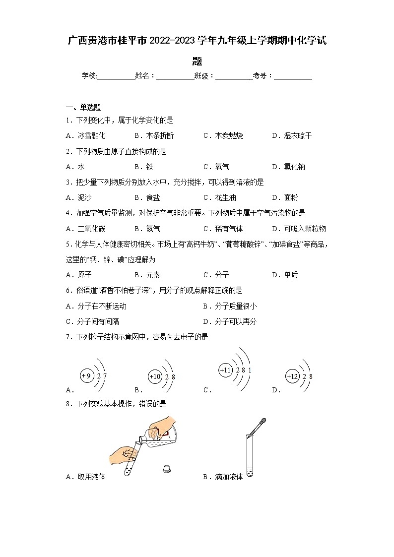 广西贵港市桂平市2022-2023学年九年级上学期期中化学试题(含答案)第1页
