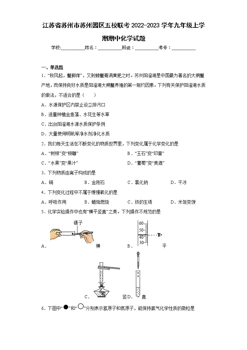 江苏省苏州市苏州园区五校联考2022-2023学年九年级上学期期中化学试题(含答案)第1页