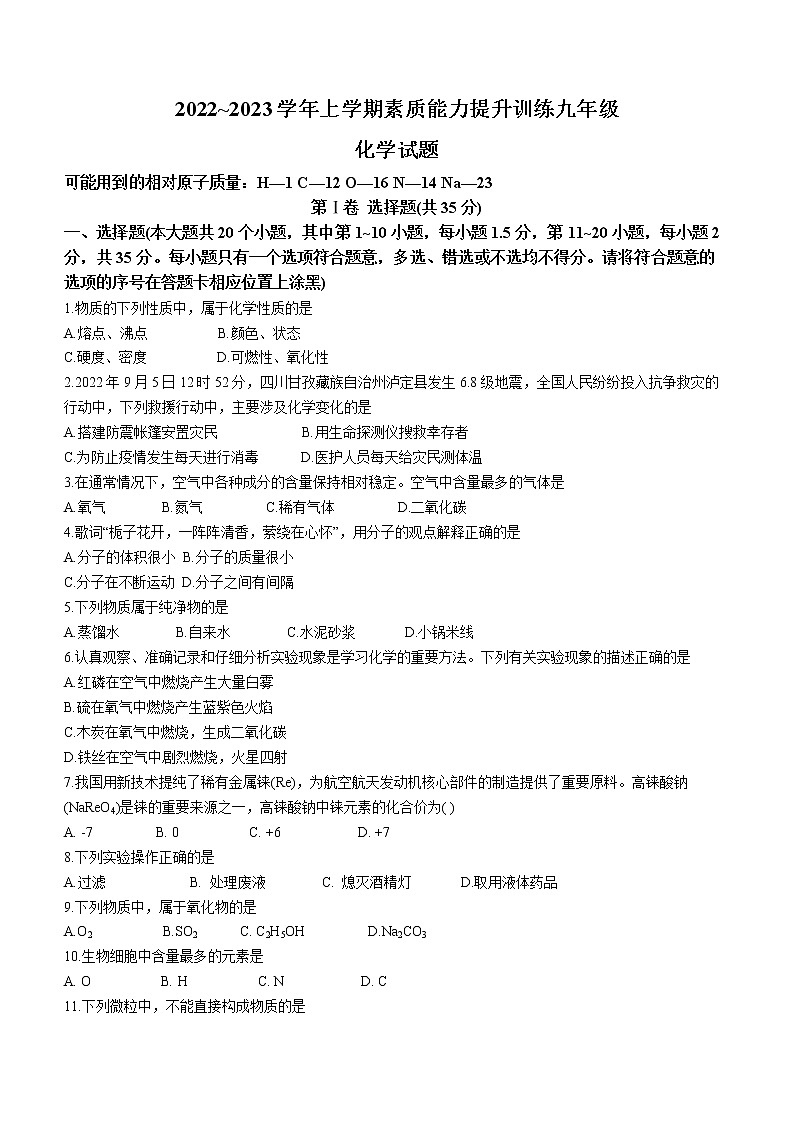 云南省昭通市绥江县中城镇大沙中学2022-2023学年九年级上学期期中化学试题(含答案)第1页