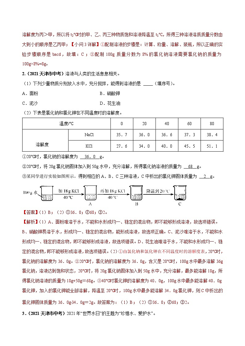 2018-2022年天津中考化学5年真题1年模拟分项汇编 专题06 溶液及溶解度曲线（学生卷+教师卷）02