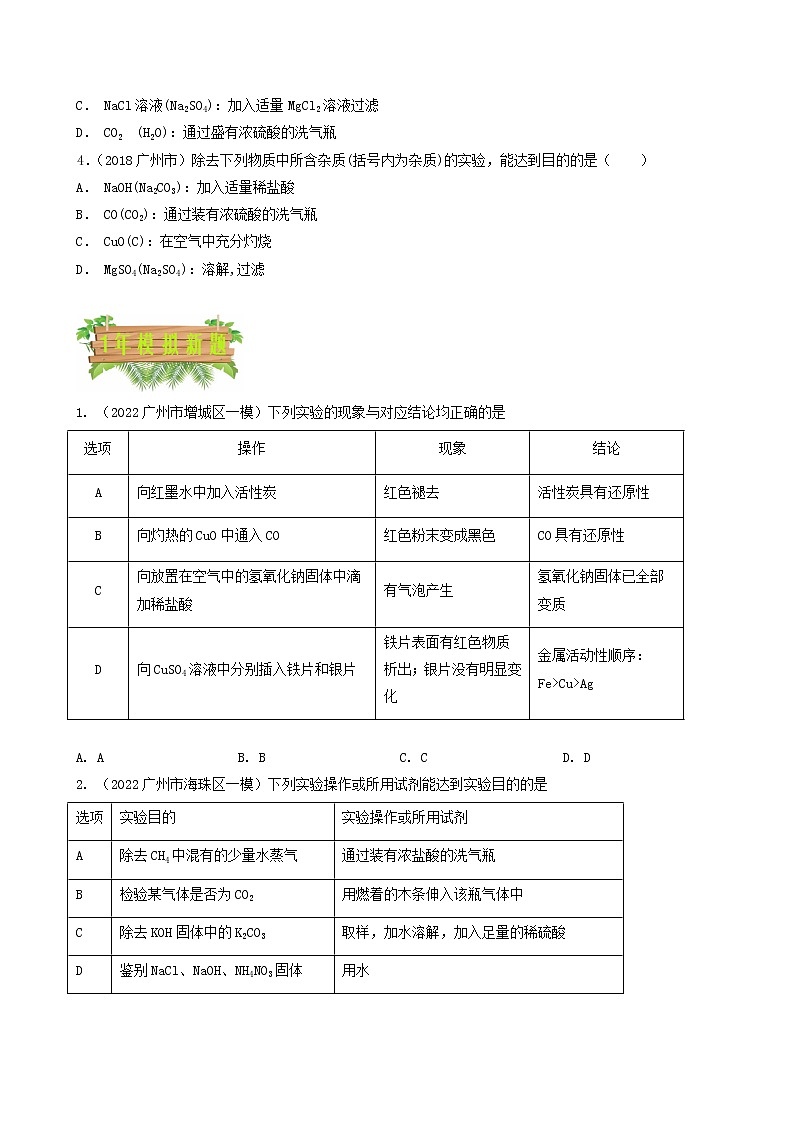 专题06 物质检验 鉴别 除杂 实验探究类选择题-5年（2018-2022）中考1年模拟化学分项汇编（广州专用）（原卷版）第2页