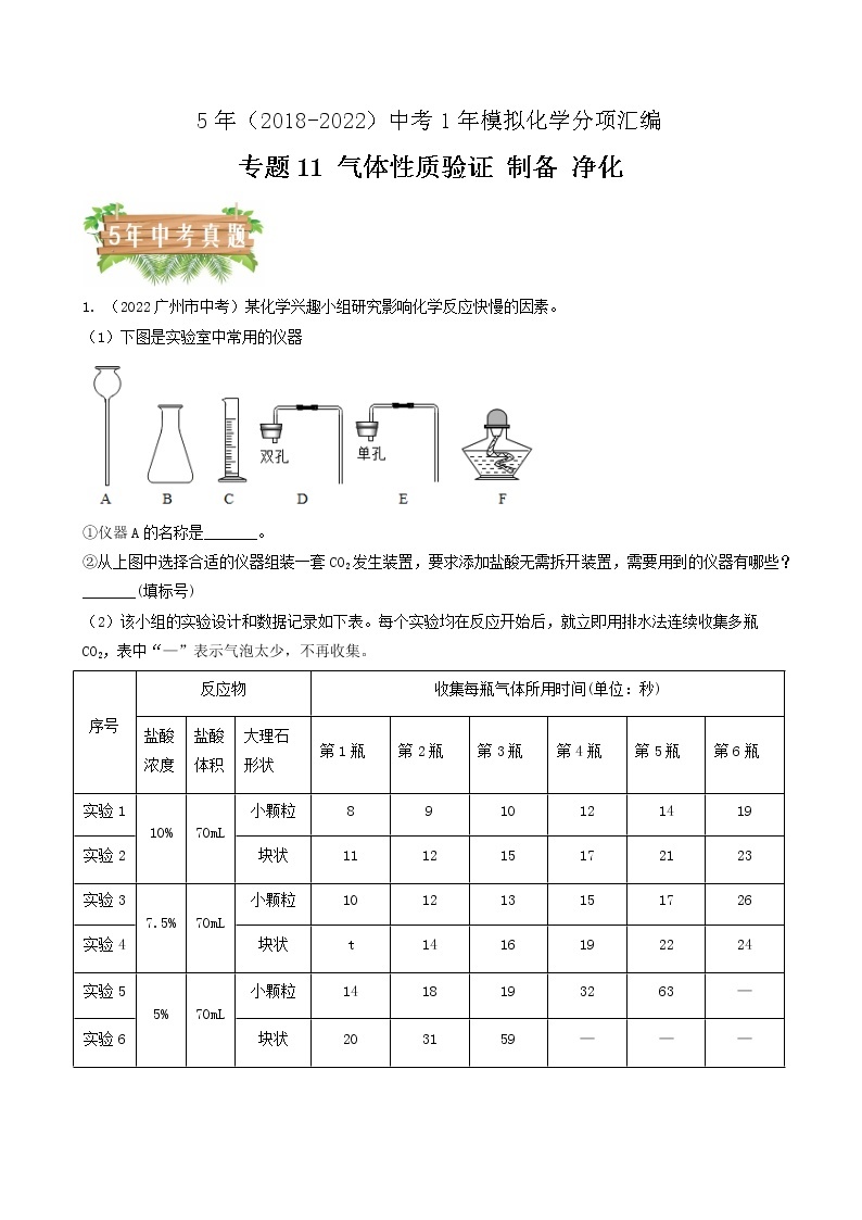 2018-2022年广州中考化学5年真题1年模拟分项汇编 专题10 气体性质验证 制备 净化（学生卷+教师卷）01