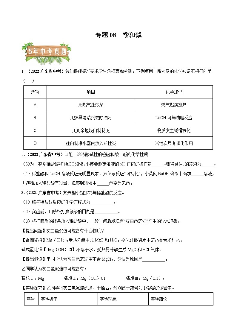 2018-2022年广东中考化学5年真题1年模拟分项汇编 专题08 酸和碱（学生卷+教师卷）01