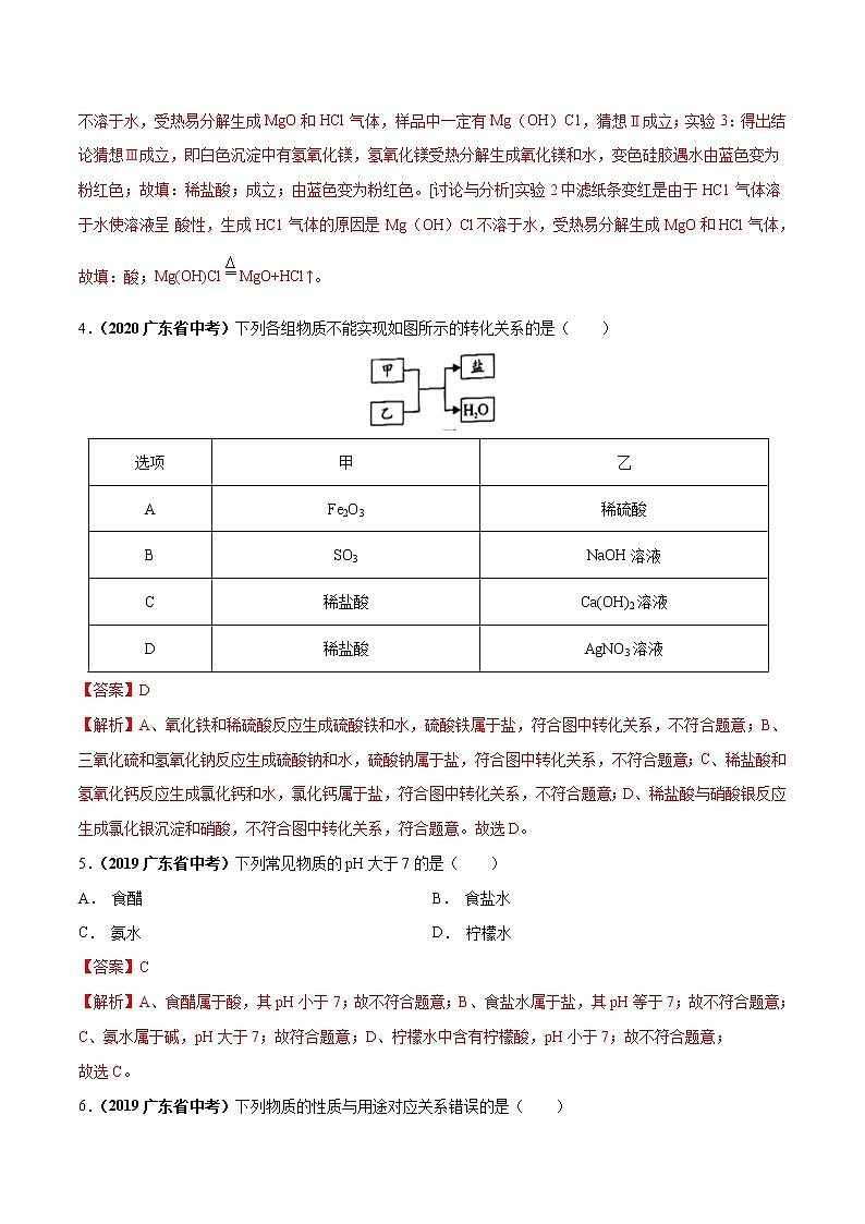 2018-2022年广东中考化学5年真题1年模拟分项汇编 专题08 酸和碱（学生卷+教师卷）03