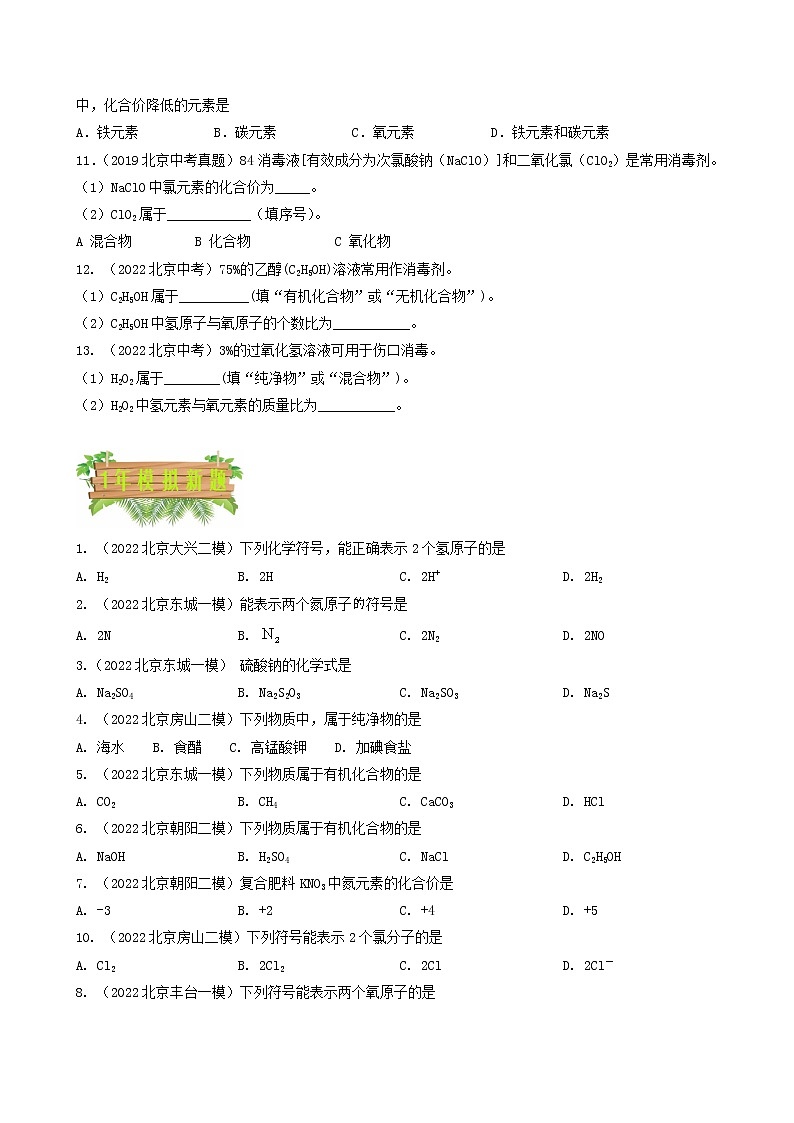 专题06 化学用语和物质分类-5年（2018-2022）中考1年模拟化学分项汇编（北京专用）（原卷版）第2页