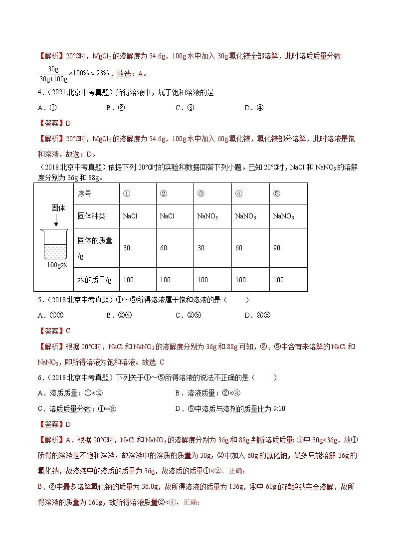 2018-2022年北京中考化学5年真题1年模拟分项汇编 专题12 溶液和溶解度曲线（学生卷+教师卷）02
